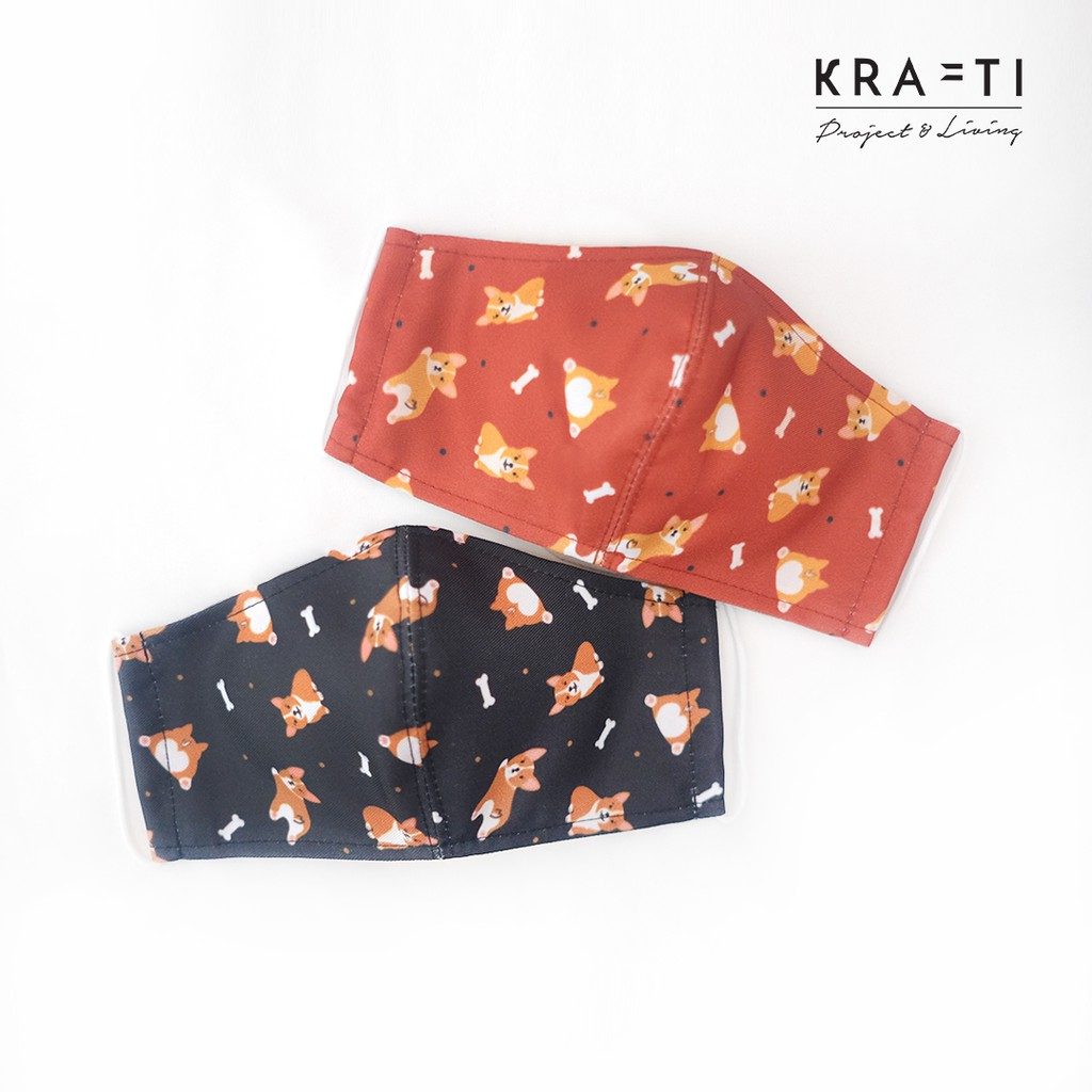 Masker DEWASA / Masker katun / Motif Corgi  / Masker 2 ply dengan filter