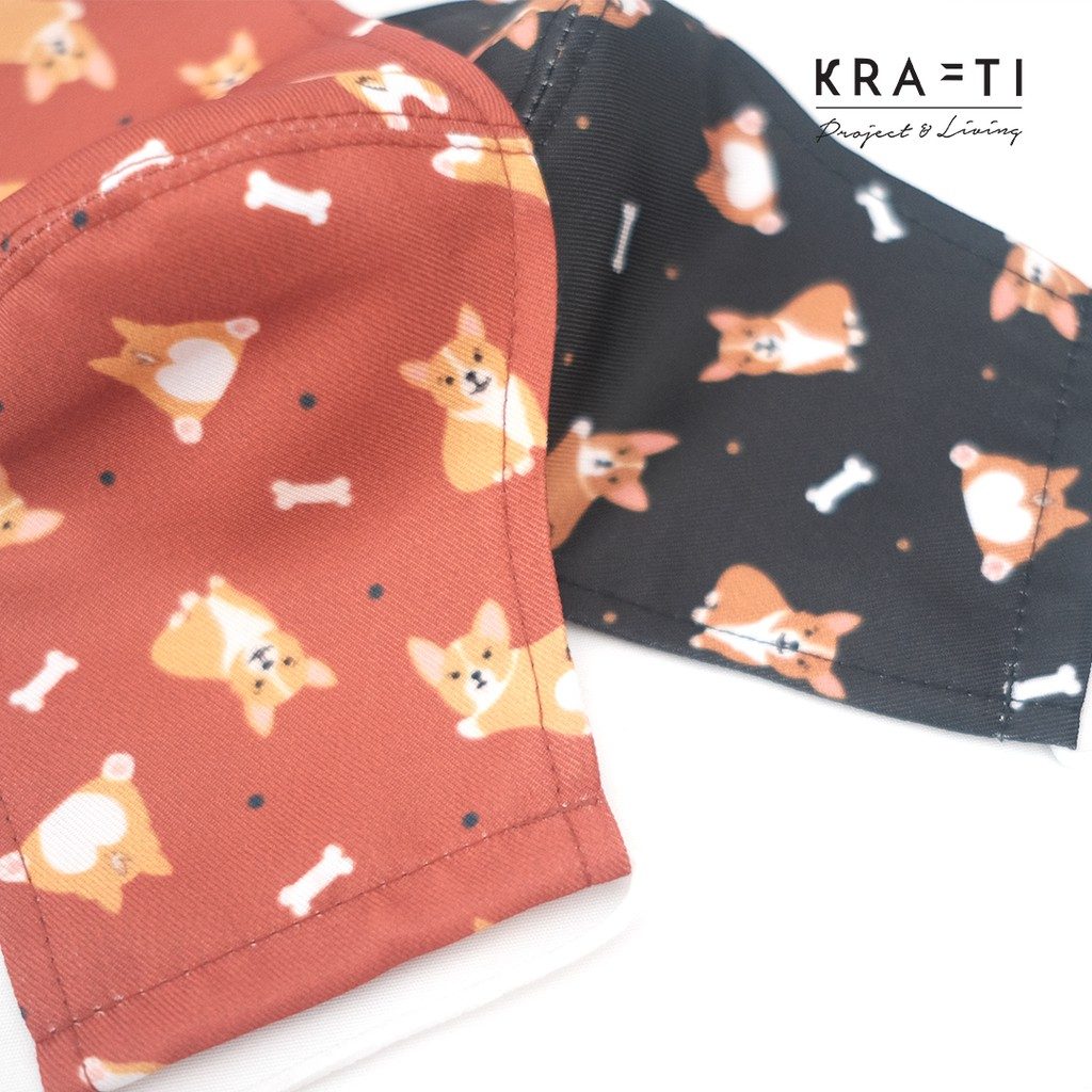 Masker DEWASA / Masker katun / Motif Corgi  / Masker 2 ply dengan filter